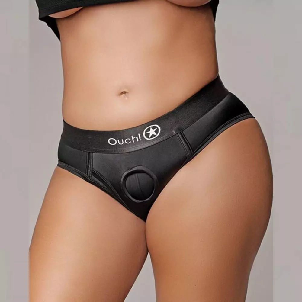 Ouch! Vibrating Strap-On High Cut Harness Brief In Black XL/XXL